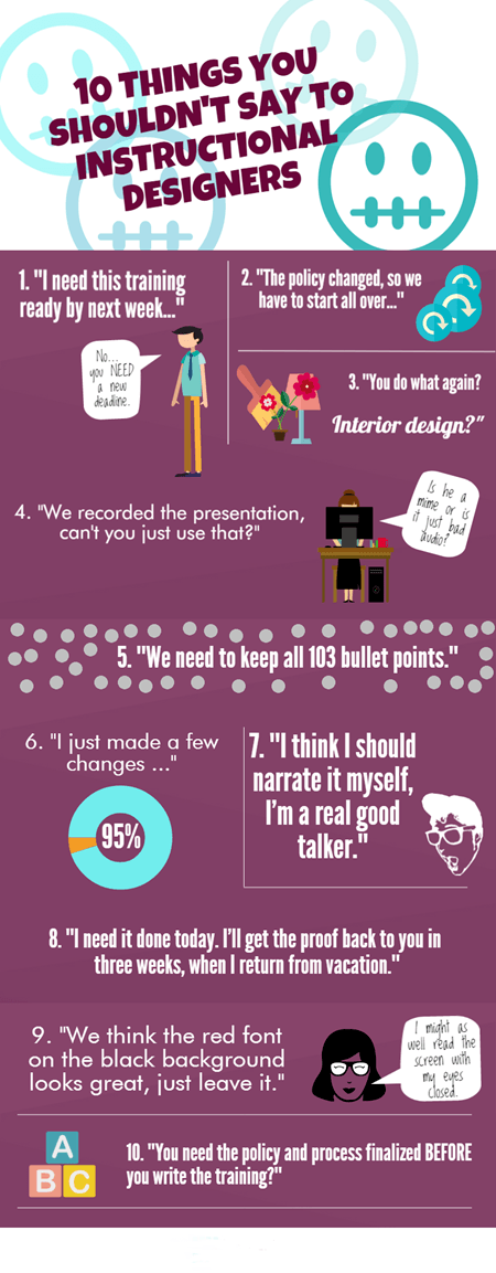 10 Things You Shouldn't Say To Instructional Designers - Infographic